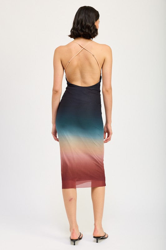 Halter neck ombre maxi dress by Jade Icarus, flowing fabric with gradient color, stylish and elegant for summer wear.