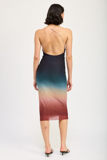Halter neck ombre maxi dress by Jade Icarus, flowing fabric with gradient color, stylish and elegant for summer wear.