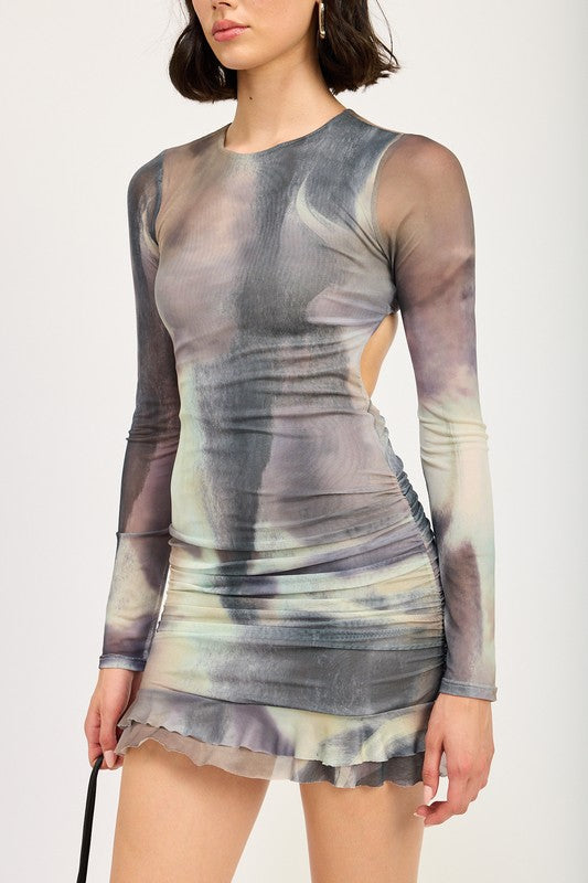 Automotive part from Jade Icarus featuring a long sleeve ruffled mini dress with cutout design and automotive-inspired details.
