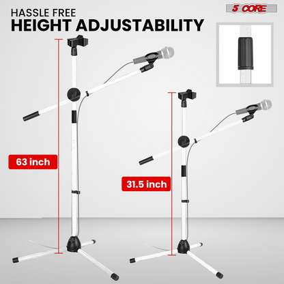 Start2Finish 5 Core Mic Stand set with two adjustable tripod microphone stands featuring extendable boom arms for musical performances.