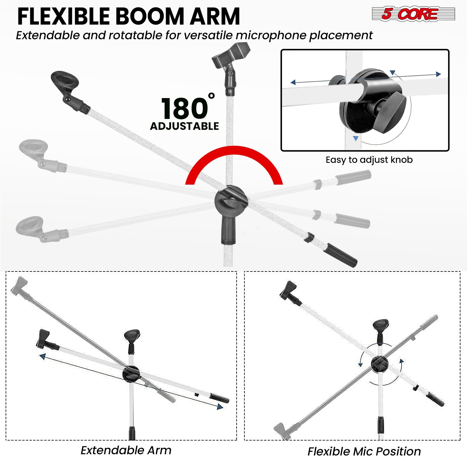 Start2Finish 5 Core Mic Stand Set with adjustable tripod floor microphone stands and extendable boom arms, suitable for musical instruments.