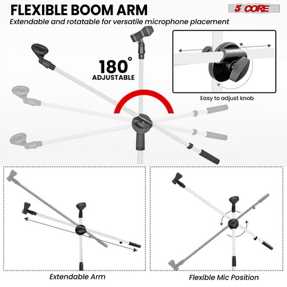 Start2Finish 5 Core Mic Stand Set with adjustable tripod floor microphone stands and extendable boom arms, suitable for musical instruments.