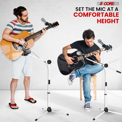 Start2Finish 5 Core Mic Stand Set with two adjustable tripod microphone stands featuring extendable boom arms for musical performances.