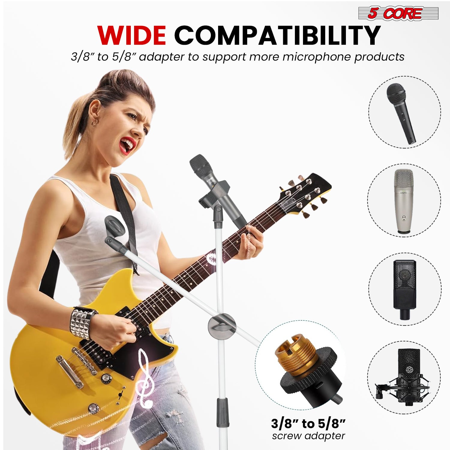 Start2Finish 5 Core Mic Stand Set with two adjustable tripod microphone stands and extendable boom arms for musical instruments.