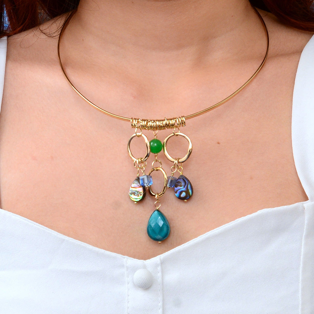 Abalone and green onyx golden collar necklace with intricate design, featuring vibrant abalone shell and green onyx stones.