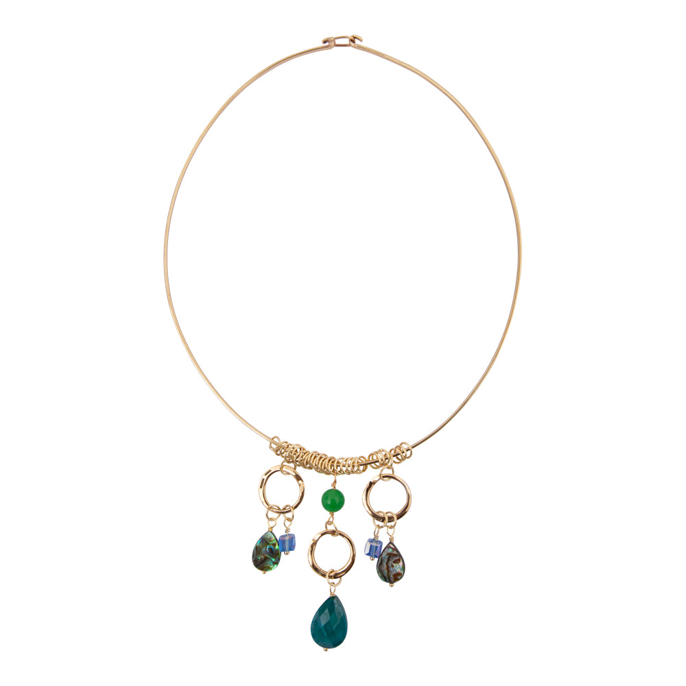 Abalone and green onyx golden collar necklace with intricate design and vibrant gemstone accents.