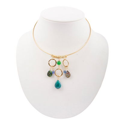 Abalone and green onyx golden collar necklace with intricate beaded design and clasp, elegant jewelry by Start2Finish.