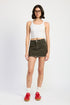 Printed denim skirt from Jade Icarus featuring automotive-inspired design, casual fit, and detailed stitching.