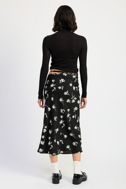 Asymmetrical satin maxi skirt by Jade Icarus featuring mixed media design and flowing silhouette in natural fabric details.