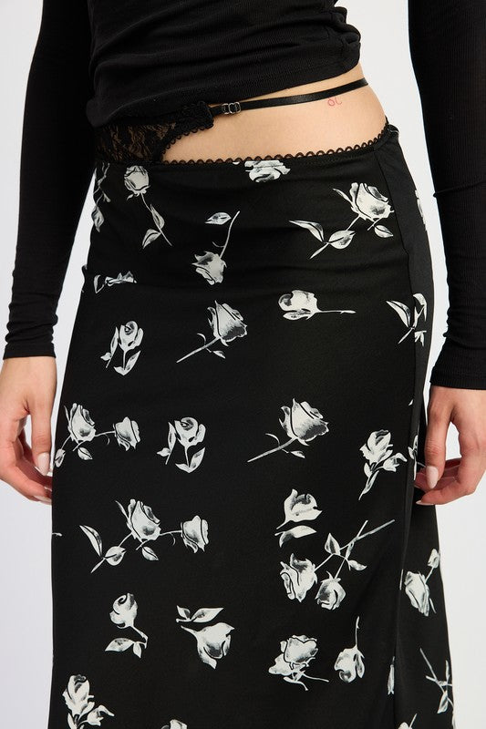 Jade Icarus mix media asymmetrical satin maxi skirt with flowing design and layered fabric, displayed on a model.