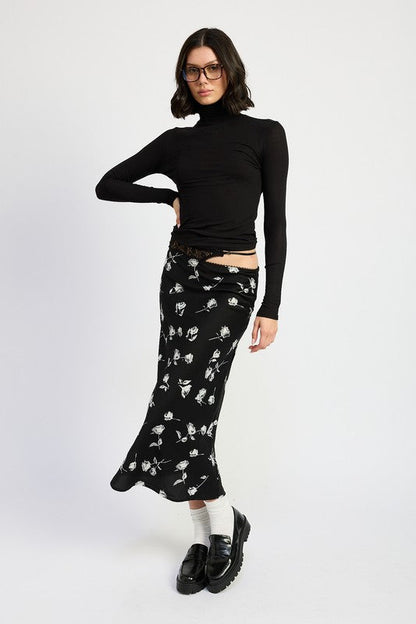 Asymmetrical satin maxi skirt by Jade Icarus featuring mixed media design and a flowing silhouette.