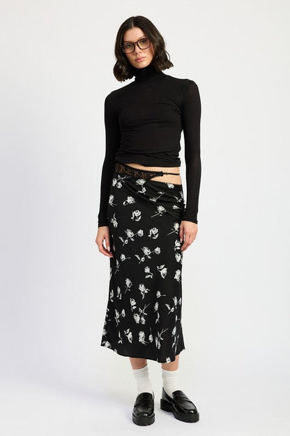 Jade Icarus mix media asymmetrical maxi satin skirt with layered design and flowing fabric, shown on a model.