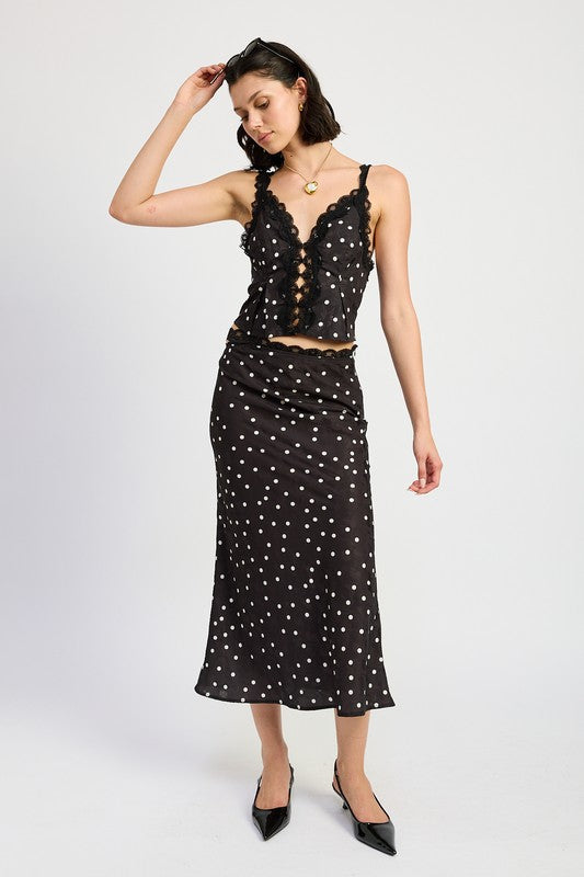 Automotive satin midi skirt with lace trim from Jade Icarus, featuring smooth fabric and elegant lace detail.
