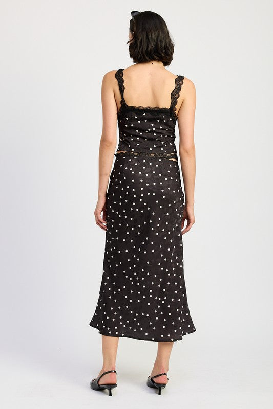 Automotive satin midi skirt with lace trim from Jade Icarus, featuring smooth fabric and delicate lace detailing.