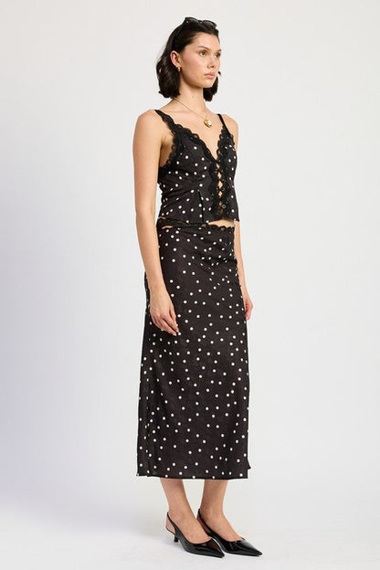 Automotive satin midi skirt with lace trim by Jade Icarus, featuring smooth fabric and delicate lace details.