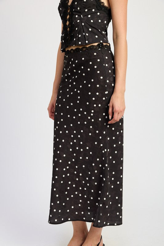 Automotive satin midi skirt with lace trim by Jade Icarus, featuring a sleek design and elegant lace detailing.