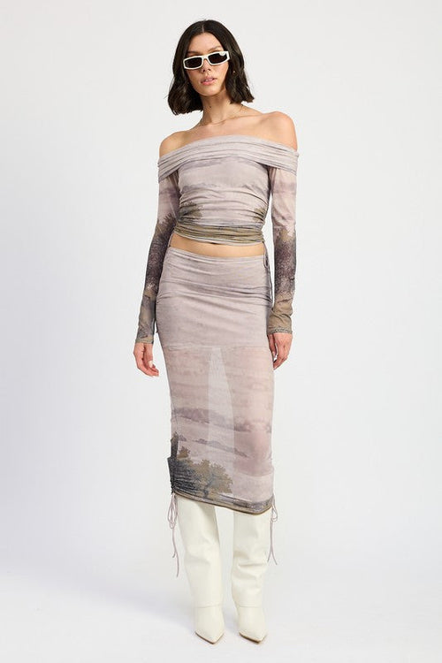 Jade Icarus ruched midi skirt with drawstrings, featuring a fitted design and textured fabric, displayed on a mannequin.