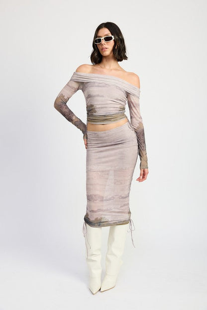 Automotive Jade Icarus ruched midi skirt with drawstrings, featuring textured fabric and stylish design details.