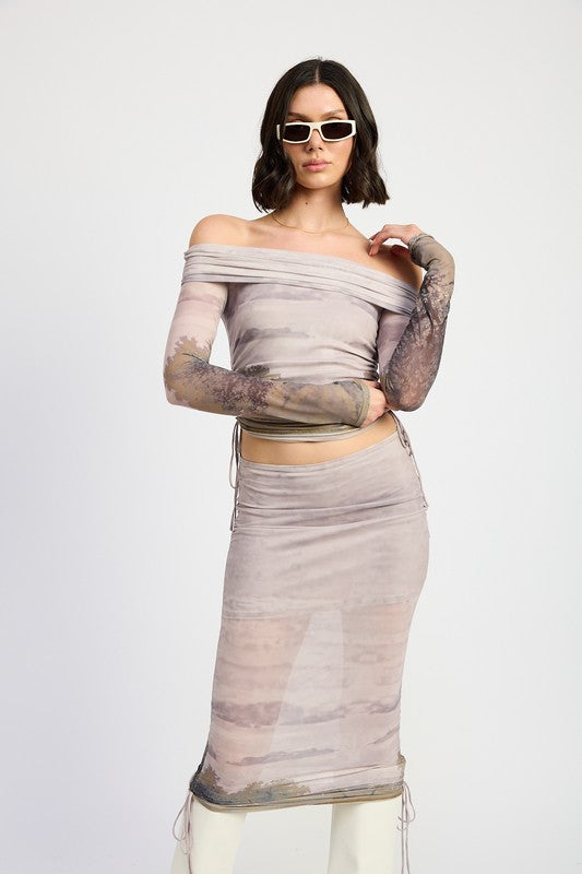 Automotive parts image showing a jade Icarus ruched midi skirt with drawstrings, designed for stylish vehicle interior accents.