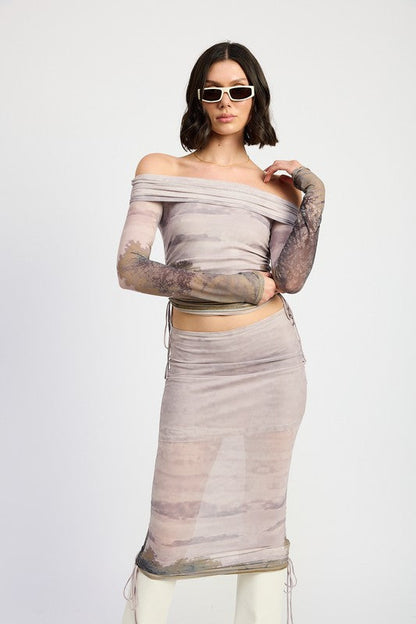 Automotive parts image showing a jade Icarus ruched midi skirt with drawstrings, designed for stylish vehicle interior accents.