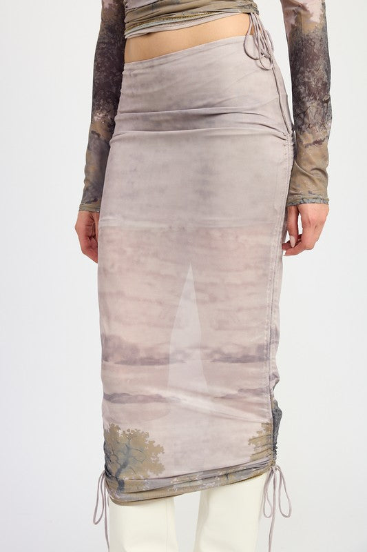 Jade Icarus ruched midi skirt with drawstrings, featuring a stylish, fitted design and textured fabric.