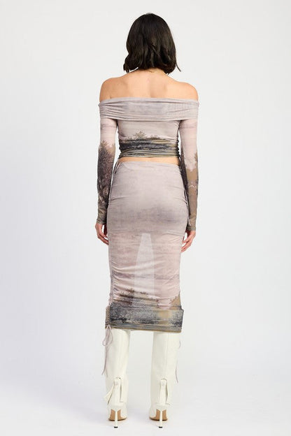 Automotive-themed Jade Icarus ruched midi skirt with drawstrings, featuring a stylish, textured fabric and a sleek, modern design.