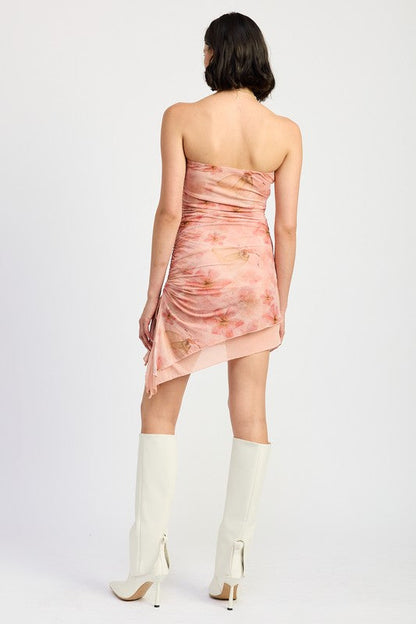 Automotive floral asymmetrical strapless mini skirt by Jade Icarus, featuring a vibrant floral pattern and unique asymmetrical design.