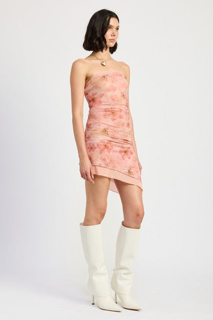 Automotive part featuring a floral asymmetrical strapless design from Jade Icarus, displayed against a plain background.