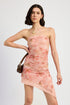 Automotive floral asymmetrical strapless mini skirt by Jade Icarus, featuring vibrant floral pattern and unique asymmetrical design.