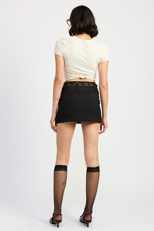 Jade Icarus Peakaboo lace trim min skirt with automotive-inspired design, shown in black with lace details.