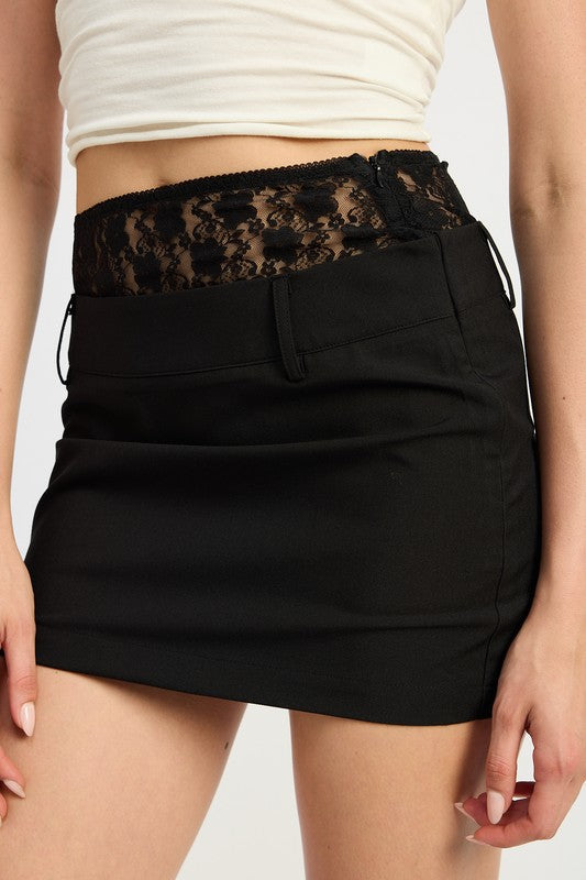 Automotive PEAKABOO lace trim min skirt by Jade Icarus, featuring detailed lace embellishments and a sleek mini design.