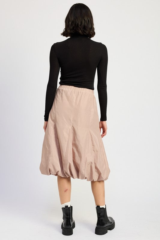 Automotive parachute bubble midi skirt by Jade Icarus featuring a voluminous, bubble-style design in a midi length.