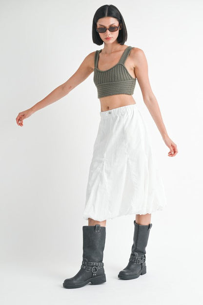 Jade Icarus parachute bubble midi skirt in vibrant colors, showcasing its unique bubble design and flowing silhouette.