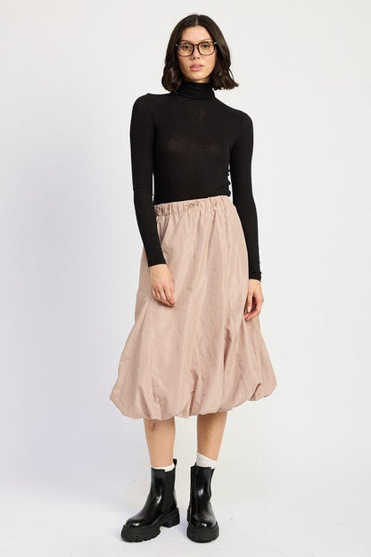 Jade Icarus parachute bubble midi skirt in vibrant color, showcasing its unique fabric and stylish knee-length design.