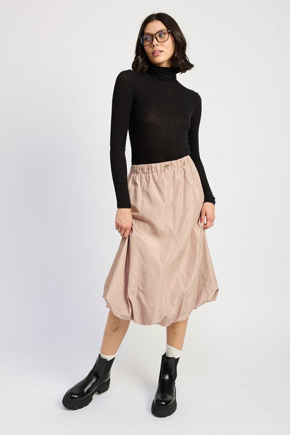 Jade Icarus parachute bubble midi skirt, automotive-inspired design with a shiny, textured fabric and unique silhouette.