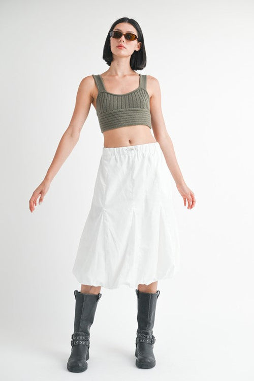 Automotive parachute bubble midi skirt by Jade Icarus featuring a unique bubble design and mid-length style.