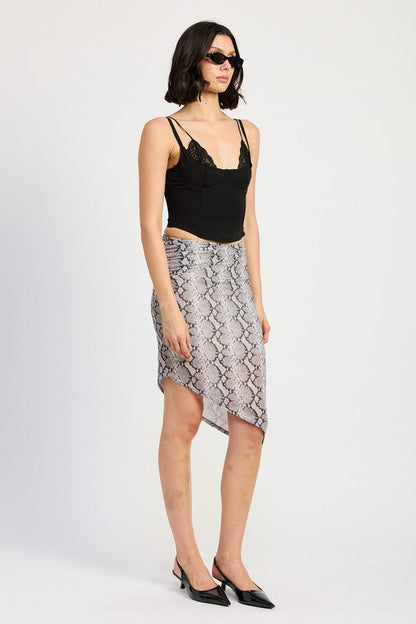 Printed asymmetrical mesh midi skirt by Jade Icarus, showcasing a stylish, flowy design with intricate printed patterns.
