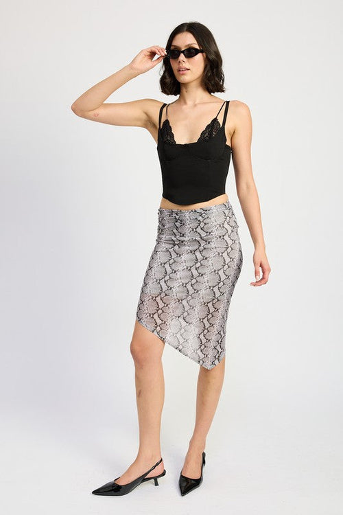 Printed asymmetrical mesh midi skirt by Jade Icarus, featuring a stylish, flowing design with unique asymmetric hem.