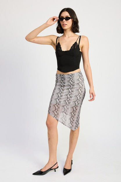 Printed asymmetrical mesh midi skirt by Jade Icarus, featuring a stylish, flowing design with unique asymmetric hem.