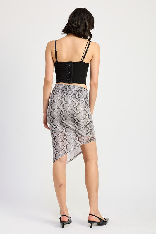 Printed asymmetrical mesh midi skirt by Jade Icarus, featuring a unique design and lightweight fabric.