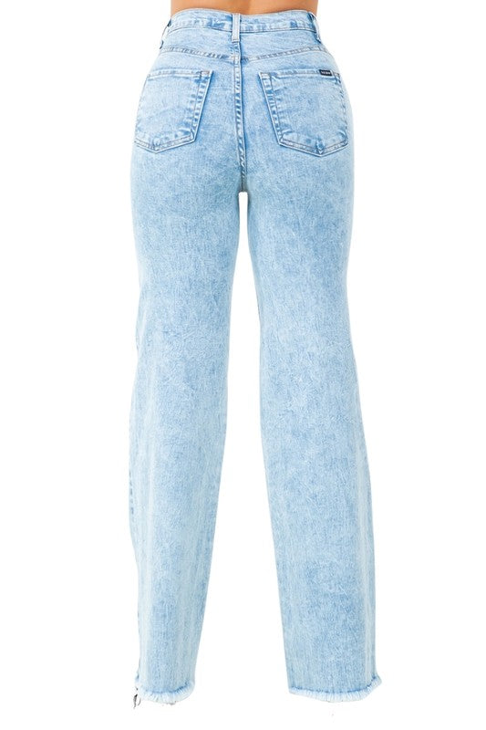 Automotive Brook Varsity Jean in Light Wash by Jade Icarus, featuring light blue denim with varsity-style design details.