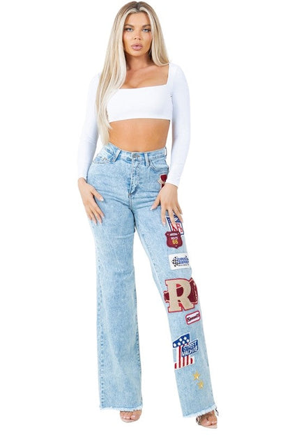 Jade Icarus Brook Varsity Jean in Light Wash, automotive-themed jeans with a casual light wash denim look.