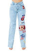 Jade Icarus Brook Varsity Jean in light wash, automotive-themed denim with varsity-style details, displayed on a mannequin.