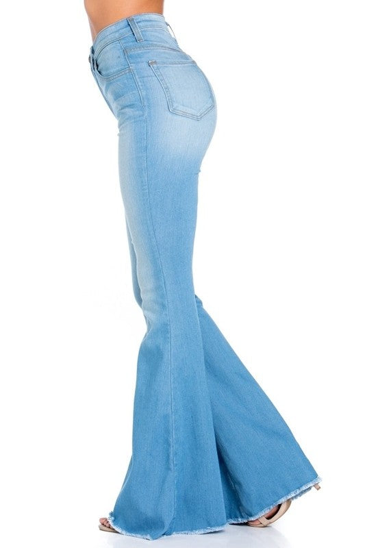 Light wash Logan Bell Bottom Jeans by Jade Icarus, featuring classic bell bottom style and denim texture.
