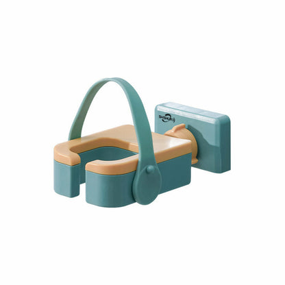 Wall-mounted Maroon Asteria hair dryer rack in a bathroom, punch-free design with multifunctional storage for hair tools.