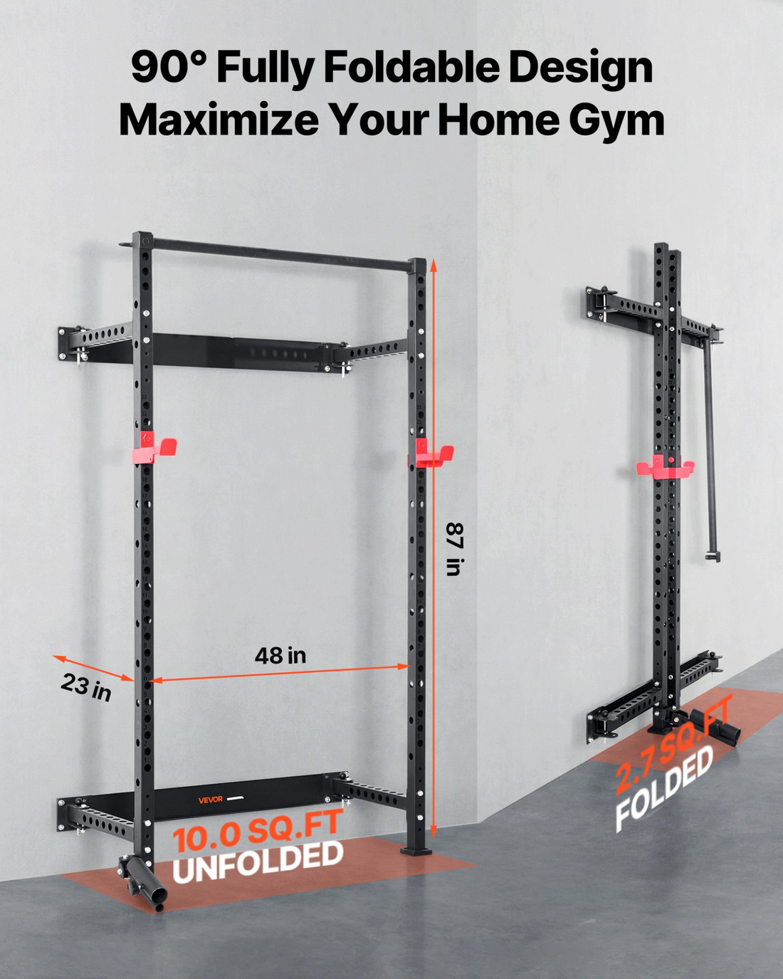Start2Finish VEVOR folding power cage with wall-mounted squat rack, pull-up bar, J-hooks, and landmine holder for home strength training.