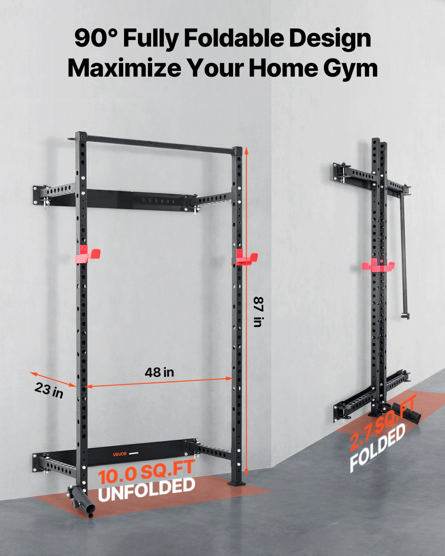 Start2Finish VEVOR folding power cage with wall-mounted squat rack, pull-up bar, J-hooks, and landmine holder for home strength training.