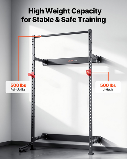 Start2Finish VEVOR folding power cage with wall-mounted squat rack, pull-up bar, J-hooks, and landmine holder for home gym strength training.
