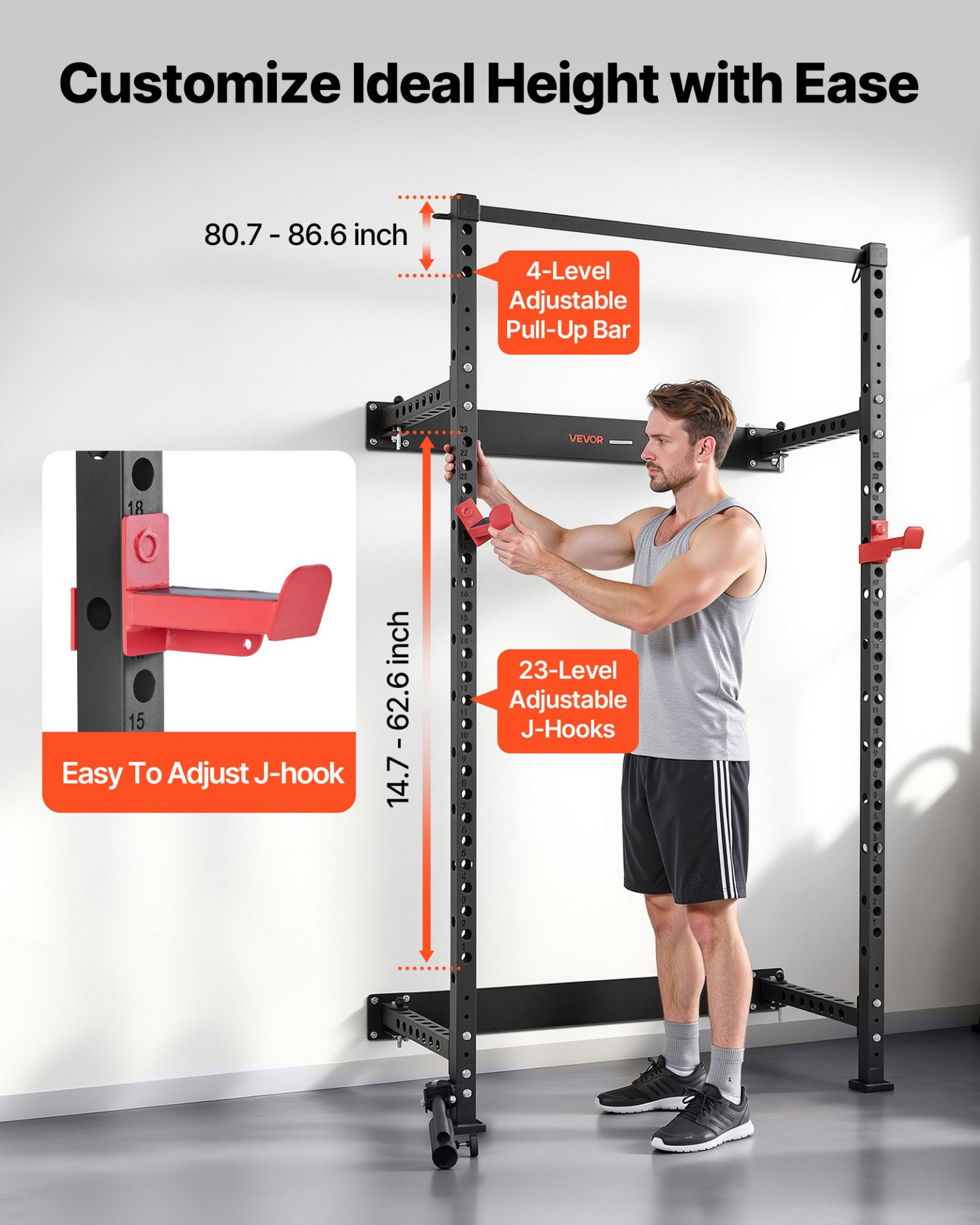 Start2Finish VEVOR folding power cage with wall-mounted squat rack, pull-up bar, landmine holder, adjustable J-hooks, 1000lbs capacity.