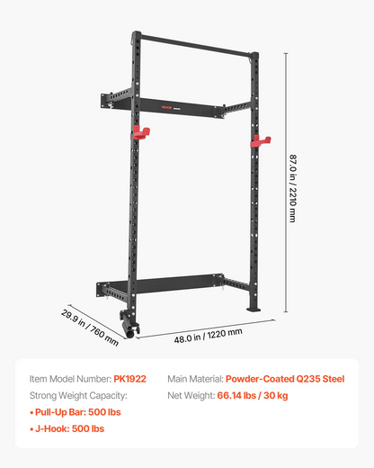 Start2Finish VEVOR folding power cage with wall-mounted squat rack, pull-up bar, landmine holder, adjustable J-hooks for home gym use
